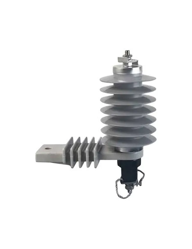 Polymer-housed lightning arrester with mounting bracket and earth lead, for 11kV to 33kV overhead lines