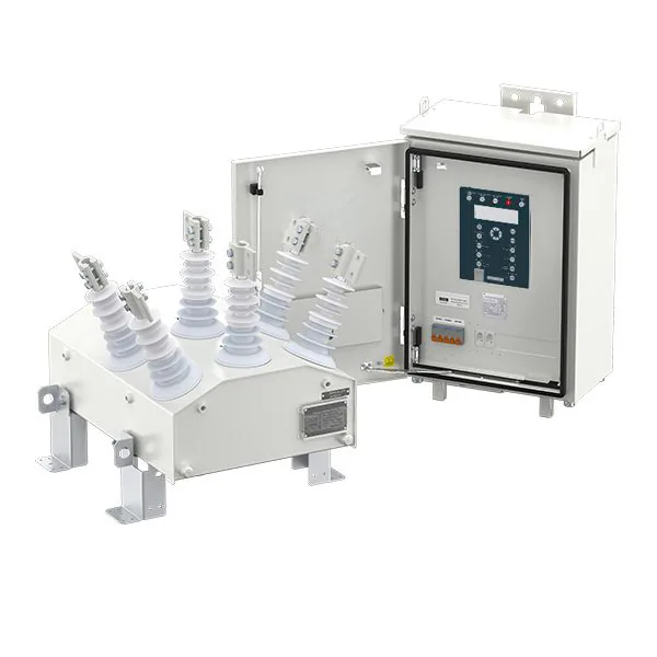 Magvatech REC15 auto recloser: white switching tank with six bushings, beside an open RC5 control cabinet