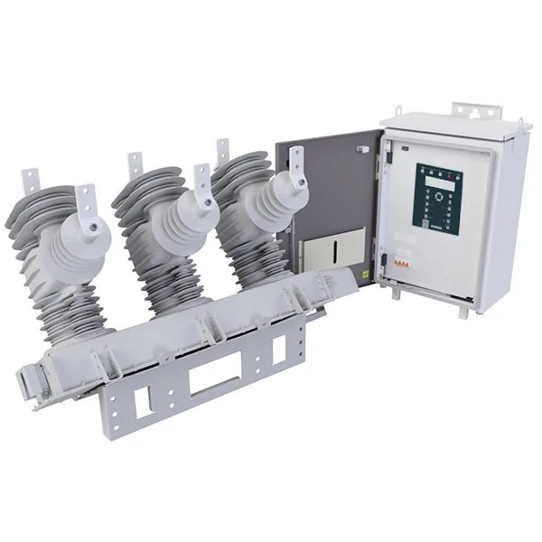 Magvatech REC35 auto recloser: three separate pole interrupters on a galvanised beam, beside an open RC5 control cabinet