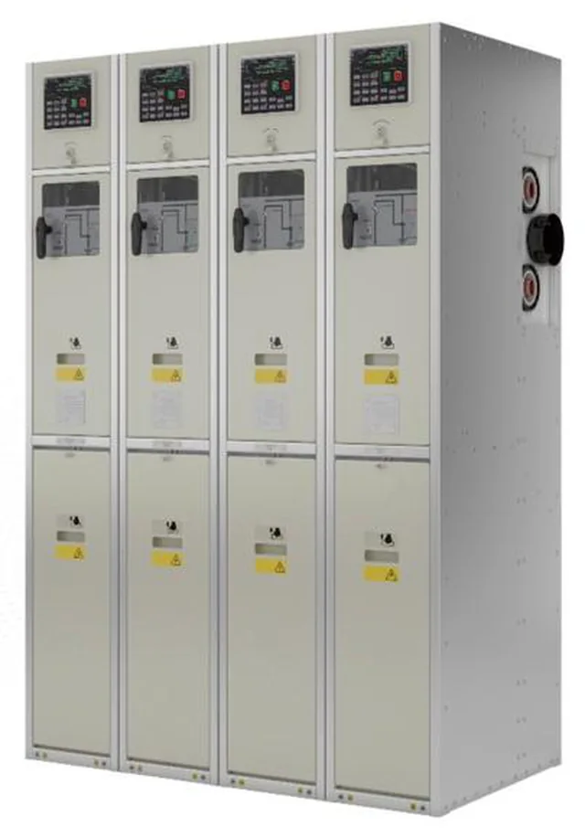 Magvatech SGF/MVT SF6-free switchgear, a four-panel medium-voltage lineup with protection relays on each cubicle