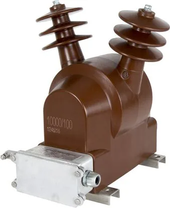 VTOP series outdoor voltage transformer for 11kV networks, a brown cast resin unit with two bushings and a bolted secondary terminal box