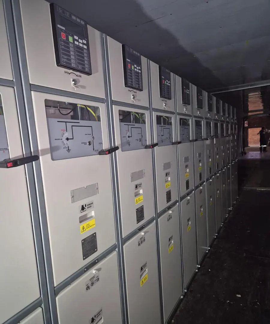 SGF/MVT switchgear bays viewed from the plant room doorway during installation